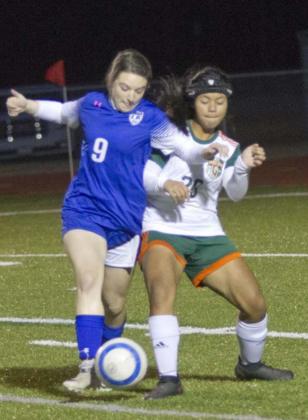 Bella Lindsey (9) scored all three goals for the Lady Badgers in a loss at Copperas Cove on Tuesday. She is shown in a previous match at home. JEFF LOWE | DISPATCH RECORD