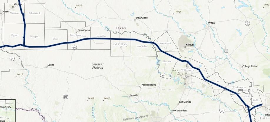 MONIQUE BRAND | DISPATCH RECORD The Matterhorn Express Pipeline will run 490 miles west to east across Texas. It will cross Lampasas County at the southwestern corner, as shown in the area circled above.