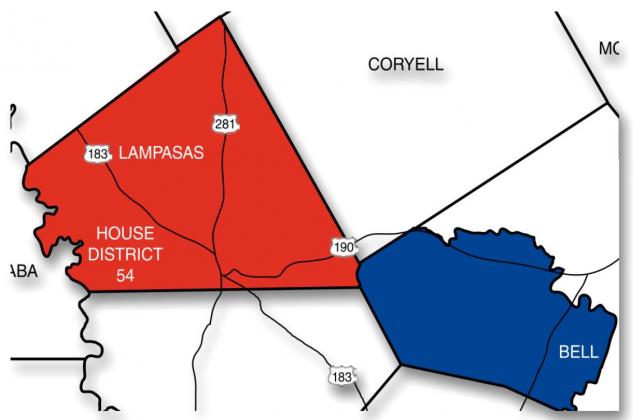 Lampasas County (colored red for Republican) voted 81.8% for incumbent State Rep. Dr. Brad Buckley, a veterinarian. The more urban Bell County portion of the district supported Democrat “Keke” Williams 53.51% to 46.49%. TRISH GRIFFITH GRAPHIC | DISPATCH RECORD