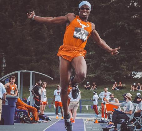 Steffin McCarter is shown at the Big 12 Outdoor Track Championship in May. His mark at the conference meet out-performed the national champion’s mark on Wednesday, but McCarter’s national finals jump came short of that distance and earned fifth. UNIVERSITY OF TEXAS ATHLETICS