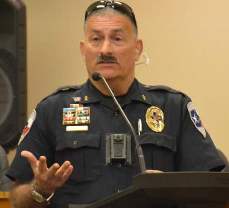 Kempner Police Chief Charles Rodriguez speaks Tuesday about an ordinance that prohibits gunfire inside Kempner city limits. People still are allowed to shoot guns within city limits when protecting their family members or livestock, Rodriguez said. DAVID LOWE | DISPATCH RECORD