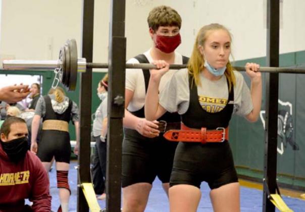 Lometa Lady Hornet Emily Hobson Lusty placed eighth in the 132 class at Burnet, competing against all larger schools. Her lifts were 140 in squat, 70 in bench press and 170 in deadlift. Copeland Brister placed fourth in the boys’ 275 class with a 325-pound squat, 190-pound bench and 335-pound deadlift. JEFF LOWE | DISPATCH RECORD