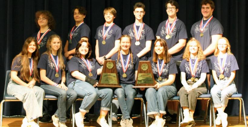 Lampasas’ One-Act Play cast captured first place at both district and bi-district. The play advances to regional competition on April 20. Pictured are, front row from left, Cara Mitchell, Draven Gootee, Ciara Carnes, Larissa Sneed, Abby Taylor, Ella Hairston and Callie Bekker; back row, Cameron Parker, Luke Coonrod, Ben Stone, Bryce Elders, Michael Neary and Conner Keele. Not pictured: Kalir Clements and JT Vasquez. LEXI MORELAND | BADGER TRACKS STAFF
