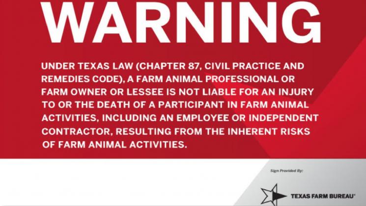 Texas Farm Bureau offers signs that conform to the required wording of the new Farm Animal Liability Act. TEXAS FARM BUREAU | COURTESY IMAGE
