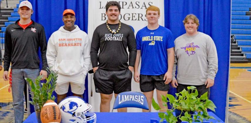 Badger seniors who signed with college programs on Wednesady include, left to right, receiver Lane Haviland, Navarro College; receiver Mike Murray Jr., Sam Houston State; guard John Long, Rice University; defensive end Owen Seaver, Angelo State University; and center Hayden Waldrip, Hardin-Simmons University. JEFF LOWE | DISPATCH RECORD