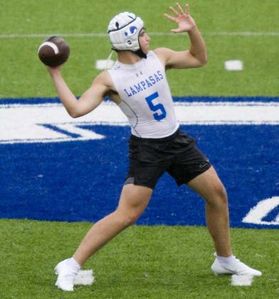 Dax Brookreson played four games at quarterback for Lampasas in 7-on-7 action Saturday. The QB position opened for 2021, as four-year starting quarterback Ace Whitehead graduated last week. JEFF LOWE | DISPATCH RECORD