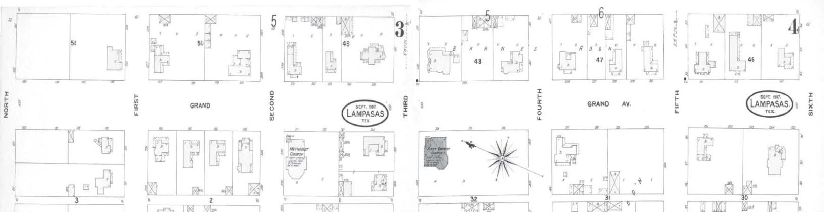 Grand Avenue was destined to become the main artery through town, but as yet it did not link up with any of the new highway routes coming into Lampasas. Section from 1907 Sanborn Map of Lampasas | Portal to Texas History, University of North Texas