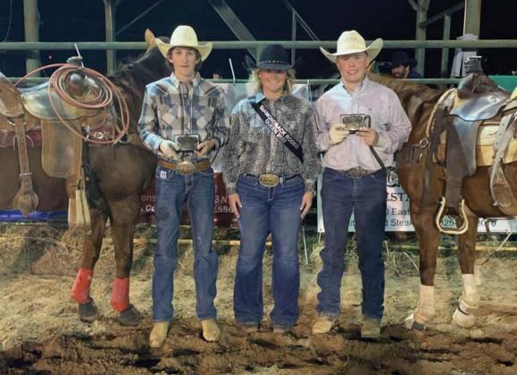 Buckle winners Pace Anastas, at left, and Dos Davison are shown with 2022 Miss Diamondback Jubilee Rodeo Queen Britni Roberts. Anastas, 14, of Mason was the header, and Davison, 15, of Lampasas was the heeler at the March 25 team roping event when they took fourth place. terri harris | courtesy photo
