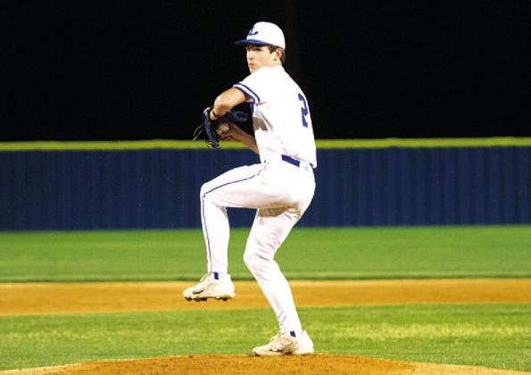 JT Posten struck out 14 batters on his way to the first district win of the season against Marble Falls. HUNTER KING | DISPATCH RECORD