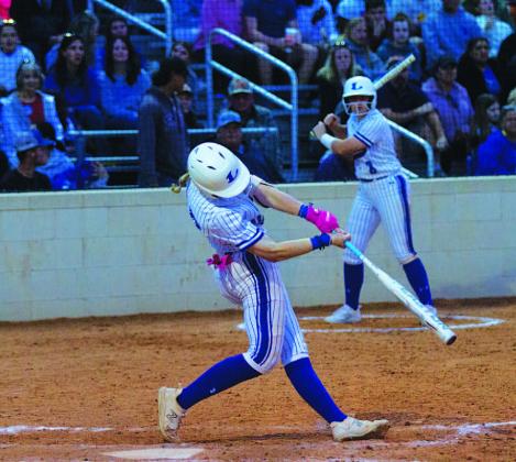 HUNTER KING | DISPATCH RECORD Aspen Wheeler swings at a pitch early in Tuesday’s game against Marble Falls.