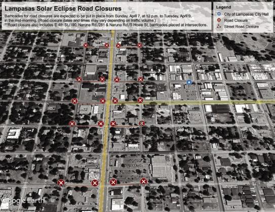 This map developed by the city of Lampasas depicts the street closures that will occur on the day of the total solar eclipse -- Monday, April 8. COURTESY GRAPHIC | CITY OF LAMPASAS