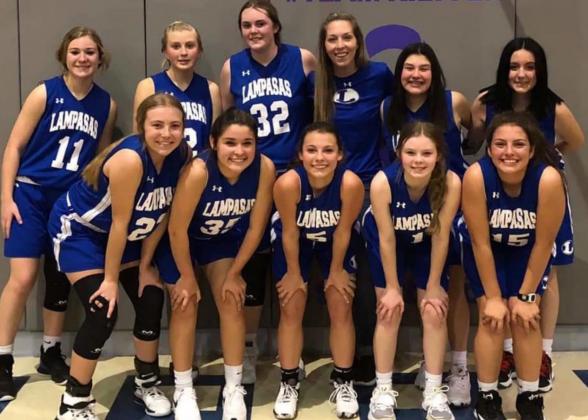 Lampasas Middle School’s eighth-grade “A” girls’ basketball team went undefeated and won district on Monday. Pictured are, front row, left to right, Kenedi Smart, Lexee Marez, Chloe Thorp, Addi Borchardt and Julia Ybarra; back row, Selah Harris, Brylie Turner, Abigail Williams, coach Whitney Wright, Dani Schuricht and Abbey Green. COURTESY PHOTO