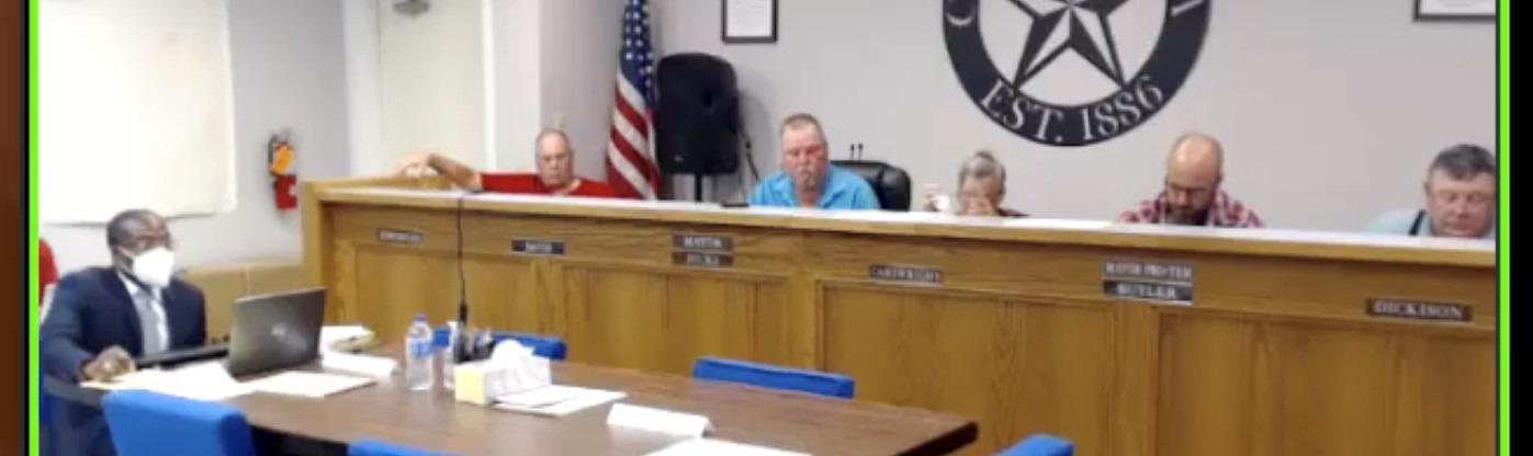 From left are City Attorney Arthur Bryan, Lometa council member Johnny Towerton, Mayor Stephen Hicks, council members Roni Cartwright, Bob Butler and James Dickison ss they discuss a water rate increase during Monday’s called meeting. CITY OF LOMETA ZOOM MEETING SCREENSHOT