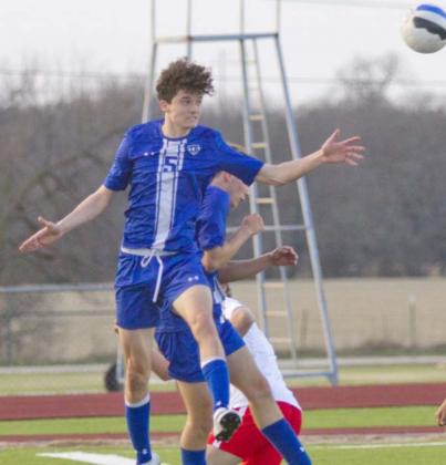 Cody Hinson follows through on a header against Salado. Lampasas bounced back to beat Burnet 4-1 after a loss to Salado on Monday. JEFF LOWE | DISPATCH RECORD