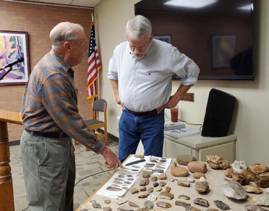Former mayor Jack Calvert, left, visits with Boyce Cabaniss last year at the Lampasas County Historical Commission’s presentation to celebrate Archaeology Month in Texas. Cabaniss will return Oct. 24 for a follow-up presentation at the Lampasas Public Library.