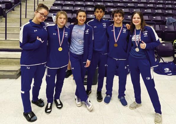 Sayler Siters, left, Taylor Martell, Charlie Freese, Kaiden Fernandez, Daemian Rivas and Jordan Winfree will all travel to Cypress this Saturday for the state competition. COURTESY PHOTO | LAMPASAS WRESTLING