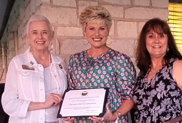 GFWC Texas President-elect Barbara Harvey, on left, and GFWC Texas Capitol District Presidentelect Monica Benoit-Beatty, at right, present Pierian Club President Alicia Straley with a certificate from the Greater Federation of Women’s Clubs in recognition of distinguished service to the community and the nation since the Pierian Club’s inception. Courtesy photo