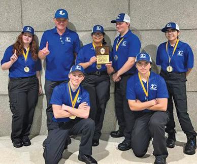 Lampasas High School’s cell extraction team earned the top prize at the state competition. Team members are, back row left to right, Loreily Meja, instructor Michael Tatum, Lena Jeffries, Connor Ferriera and Willow Collins; front row, Jason Brock and Jonathan Harris. erick mitchell | dispatch record