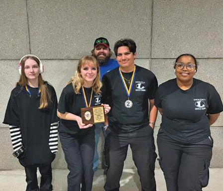 The LHS EMT team earned second place at the state competition. Pictured, left to right, are students Abigail Bell, Sarah Rouss, Ben Ybarra and Jakiyra Taylor. Instructor Steve Haviland stands behind them. erick mitchell | dispatch record