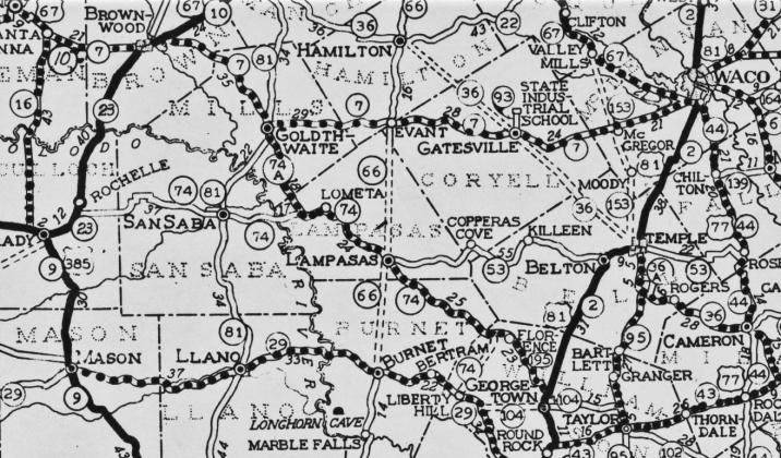 1935 Texas Highway Map of Central Texas shows Highways 66 (now U.S. 281), 74 (now U.S. 183) and 53 (now 190) intersecting here. courtesy photo | portals of texas history