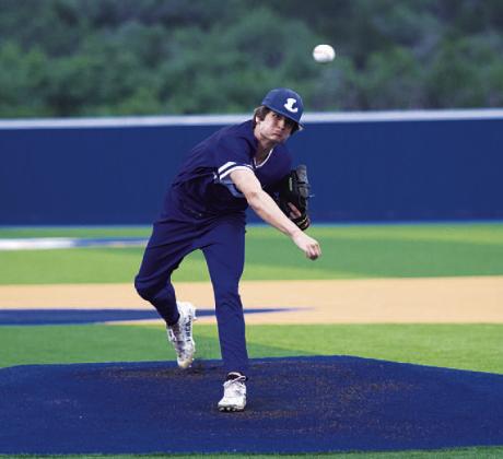 Calum Mitchell releases a pitch during his start against Lago Vista last Friday. HUNTER KING | DISPATCH RECORD