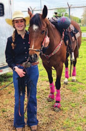Janie Turner poses with her horse Lil’ Bit who will compete with her in Gonzales. COURTESY PHOTO