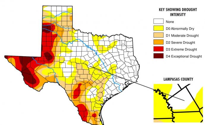 While much of the Hill Country is in “moderate drought” or the “abnormally dry” stage, Lampasas County stayed mostly drought-free at press time, according to the U.S. Drought Monitor. COURTESY OF NATIONAL DROUGHT MITIGATION CENTER, UNIVERSITY OF NEBRASKA-LINCOLN, U.S. DEPARTMENT OF AGRICULTURE, AND NATIONAL OCEANIC AND ATMOSPHERIC ADMINISTRATION.