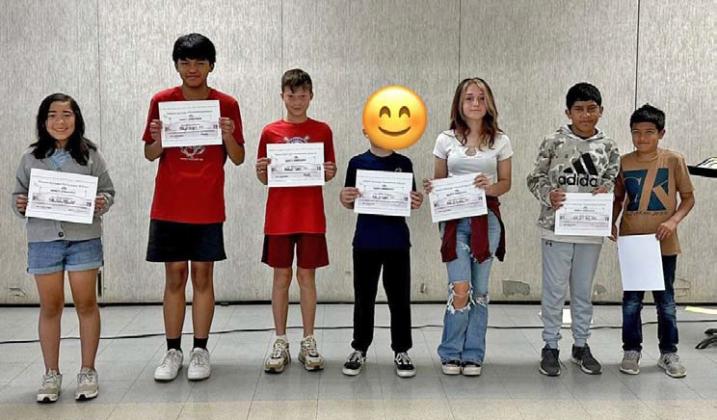 Hanna Springs Elementary celebrates its fifth-grade perfect attendance award winners. Students without a photo release have been redacted from the photo. COURTESY PHOTO