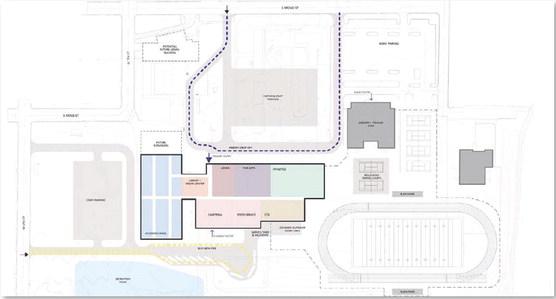 This view is one of the design options LISD school board members have seen that places the new campus building behind the Bozarth-Fowler Gymnasium. The design phase is ongoing as trustees consider the options for best utilization of the property. COURTESY PHOTO