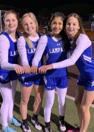 The Lady Badgers medaled in all three relays. Pictured, left to right, are Kenzie Roberts, Morgan Myers, Arielle Aguirre and Landry White who earned silver in the 4x100 and 4x200 relays. COURTESY PHOTO