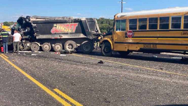 MONIQUE BRAND | DISPATCH RECORD Several students reported injuries after a dump truck and a Lampasas ISD school bus collided Thursday afternoon in Kempner.