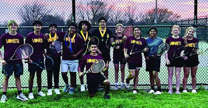COURTESY PHOTO | LOMETA TENNIS Josue Lopez, front, and from back left Thomas Guthrie, Leonel Caso, Jeremiah Torres, Emmanuel Prado, Tim Juarez, Luis Hernandez, Teagan Brooks, Mia Crain, Vanessa Perez, Selie Hodge and Kari Greiner pause for a photo after the tournament in Early on March 7.