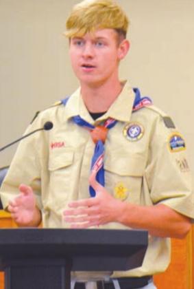 Boy Scout Troop 200 member Declan Davenport speaks to the Kempner City Council on Tuesday about his upcoming Eagle Scout project – the installation of concrete cornhole game boards in Sylvia Tucker Memorial Park. DAVID LOWE | DISPATCH RECORD
