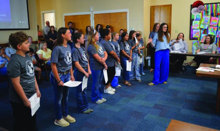 Students in the World Changer group at Hanna Springs Elementary School were recognized for their leadership at the campus during Monday’s meeting of the Lampasas Independent School District Board of Trustees. ERICK MITCHELL | DISPATCH RECORD