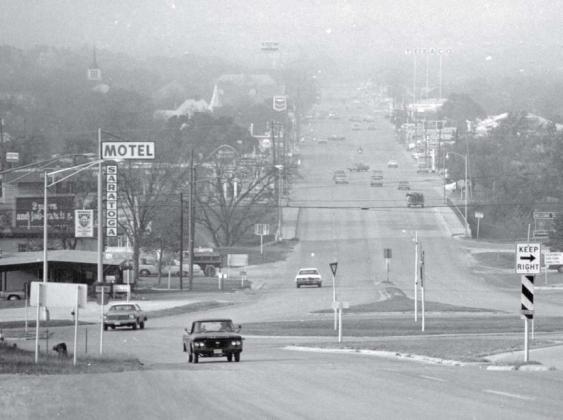 The traffic circle on South Key is shown a foggy day. Lampasas Dispatch Record, November 1974.