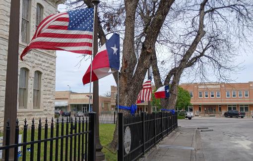 Trees encircling the Lampasas County Courthouse have been adorned with blue ribbons to help bring recognition to child abuse awareness efforts. The blue ribbon is a symbol for Child Abuse Prevention Month, observed annually in April. Jim lowe | dispatch record