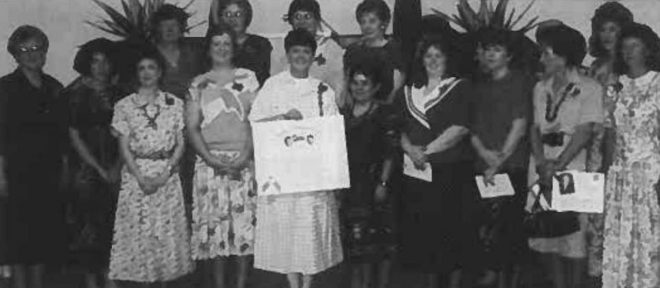 Among those at the April 13, 1991 DRT Charter Ceremony were, front row from left, Glynda Carpenter, Cindy Wright, Suzanne Keele, Diane Davis, Sydna Vineyard, Becky Haner, Tammy Mullins, Leona Hurst, Alice Rush and Sharon Smith; back row, Carol Wright, Carol Davis, June Davis, Charlene Nash, Janice Sims, Wilda Mullins, Evelyn Smith and Suzanne Rush. ORAN MILO ROBERTS CHAPTER ARCHIVES | LAMPASAS COUNTY TEXAS: ITS HISTORY AND ITS PEOPLE, VOL. II