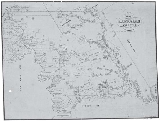 The 1859 Lampasas County land patent map. Obviously, the land surveyors were picking the land along the creeks and rivers first. Ten years later, there were no vacancies left. University of North texas - The Portal to Texas History