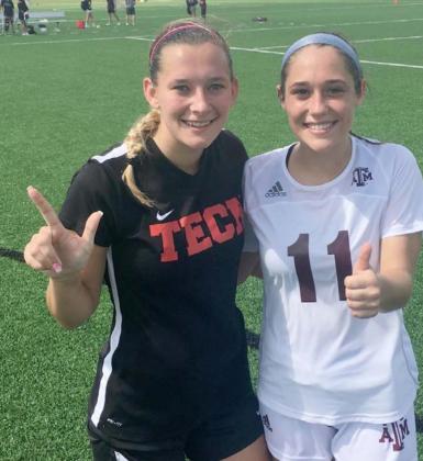 New Lampasas girls’ head soccer coach Emma Sharp, left, played and coached for the Texas Tech women’s club team, which reached nationals. Sharp, a Marble Falls graduate, is shown with Texas A&amp;M player Macy Hoover, who also is a former Lady Mustang. COURTESY PHOTO