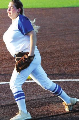 Caitlyn Sanguinet throws a pitch to the Argyle hitter in her final start as a Lady Badger. HUNTER KING | DISPATCH RECORD