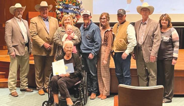 The family of W. Lee Vann was recognized at the Capitol in Austin for Vann’s devotion to his family, his work ethic, and his appreciation and support for agriculture. On hand to receive Vann’s lifetime service award were his wife, Faydell Vann, in front; and back row, from left, former Lampasas County AgriLife Extension Agent Curtis Thompson and family members Leslie Vann, Judy Vann Hail, Emmalen Phillips, Kleg Kennedy, Kirby Kennedy Phillips, Mike Hail, Joe Vann and Amy Vann. courtesy photo