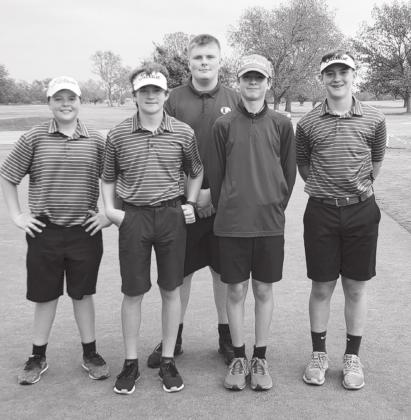 Lampasas Middle School golfers, left to right, Hagan Davis, Timber Goulson, Connor Alexander, Jax Pratus and Carter Toups teamed up for third place on Tuesday. DELANA TOUPS | COURTESY PHOTO
