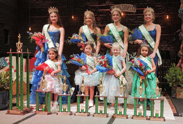Members of the 2026 Spring Ho Court stand on stage after earning their crowns. The Little Miss Spring Ho Court, front row from left, includes Queen Auzi Rose Pena, first runner-up Marley Cottle, second runner-up Emma Cate Phillips and third runner-up Ellie Marquez. Behing the Little Miss Court is the 2026 Miss Spring Ho Court, from left, Queen Hallie Watson, first runner-up Tayler Sheard, second runner-up Gia Grasso and third runner-up Emerie Greenberg. ADAM BARRIOS | DISPATCH RECORD