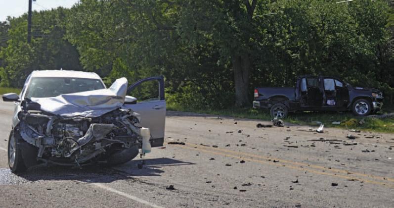 At left sits the remains of a 2018 Chevy Equinox that collided with a 2021 Dodge Ram on Friday at the intersection of FM 2808 and County Road 4700. ERICK MITCHELL | DISPATCH RECORD
