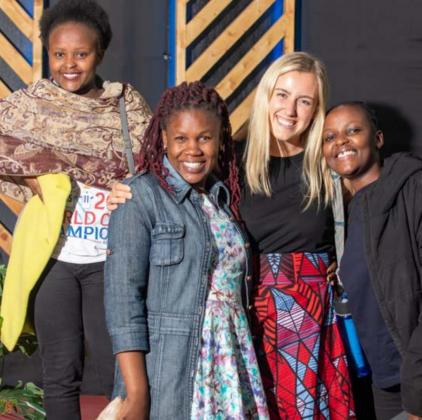 Morgann Schroeder, second from right, poses with her new Kenyan friends Sharon, Miriam and Eunice, left to right. COURTESY PHOTO