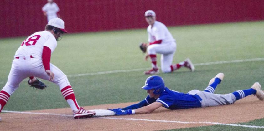 Logan Coleman slides safely into third on a triple to set up the Badgers’ first run at Glen Rose on Friday. JEFF LOWE | DISPATCH RECORD