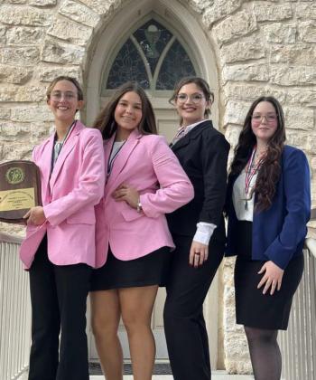 Pictured left to right are the Cross-Examination debate teams that will represent Lampasas at the State CX Meet next month: Phoebe Rounds and Marley Champeau, the first-place district team; and Jessyn Ramos and Devon Lively, the second-place district team. courtesy photo