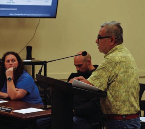 Chief Appraisal Juan Saucedo, at right, presents the preliminary 2027 Lampasas Central Appraisal District budget to the Kempner City Council at its meeting last week. ERICK MITCHELL | DISPATCH RECORD