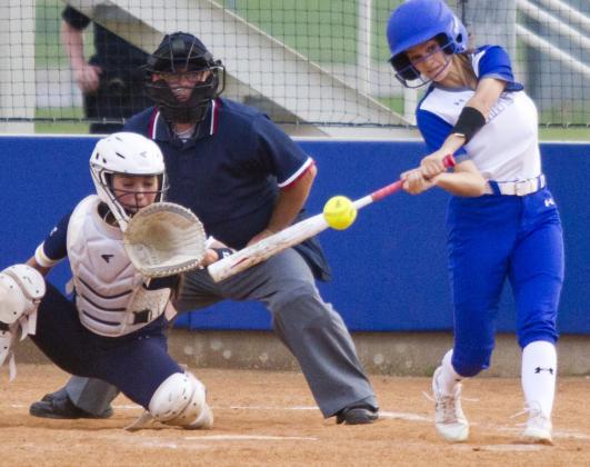 Kayli Syx connects on a leadoff solo home run to left field in the second inning of Tuesday’s 11-9 loss to Stephenville. JEFF LOWE | DISPATCH RECORD