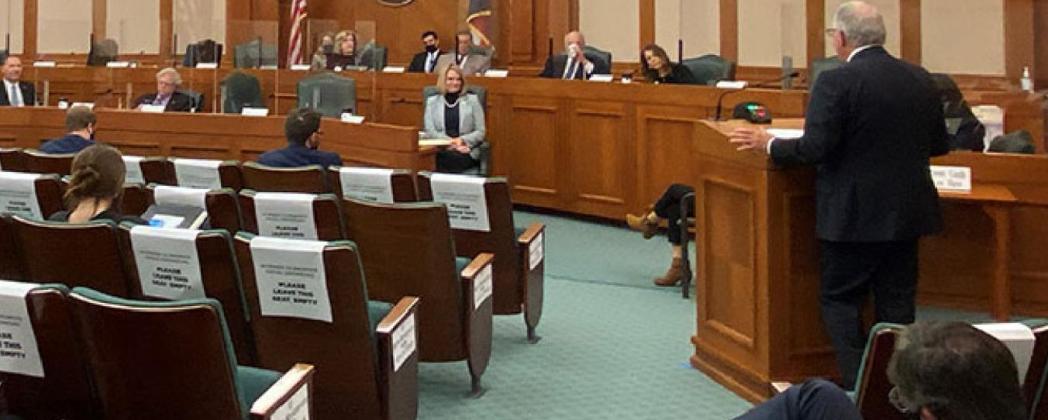 Mickey Edwards spoke before the Texas Senate Finance Committee earlier this month, recommending removal of a rider that prevents warfarin from being used to control feral hogs. COURTESY PHOTO